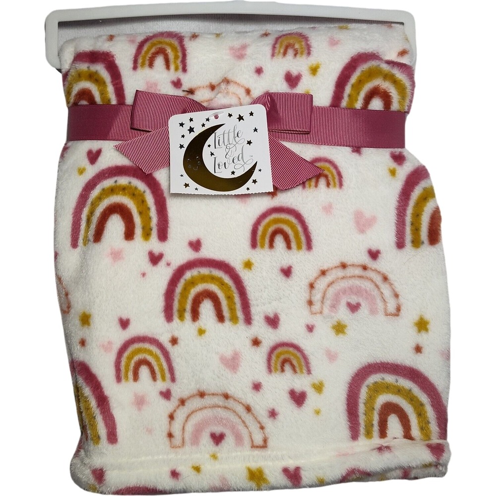 Little & Loved Baby Girl Rainbow Heart Blanket Beige‎ Gold Pink Lovey Security